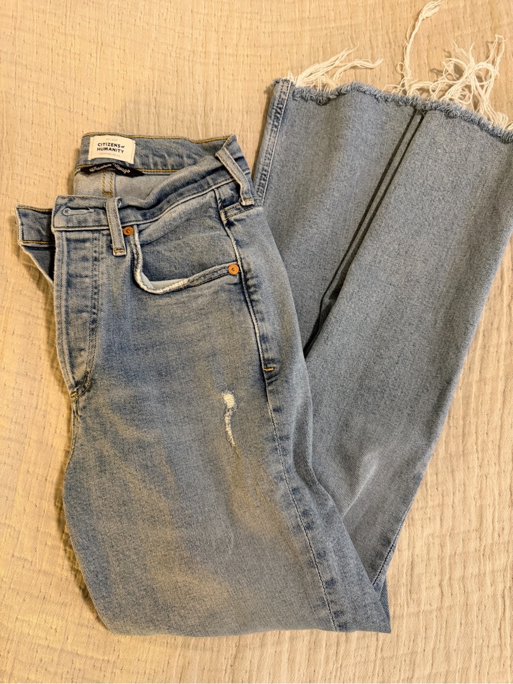 Citizens Of Humanity Light Blue Straight Leg Jeans with Frayed Hem